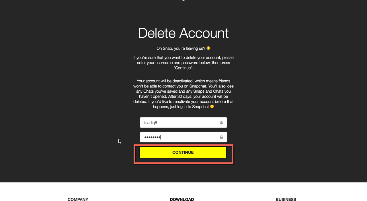 deactivate the Snapchat account