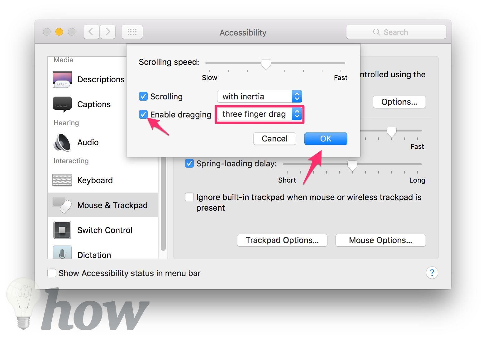 enable three finder drag gesture 4