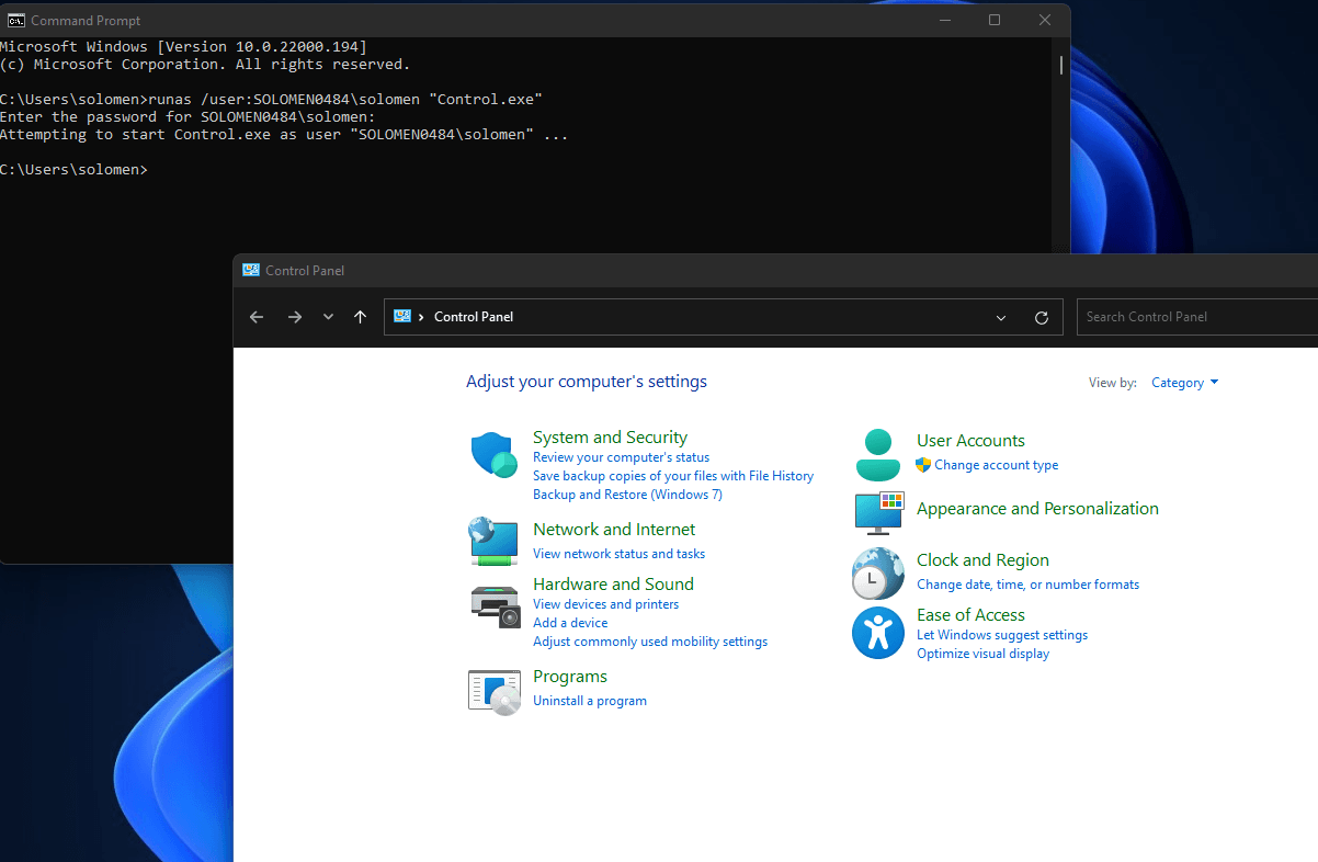 control panel as an administrator